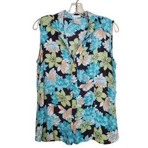 Vtg Austin Reed Floral Tropical Silk Sleeveless Top Collared Button Up Brown Med